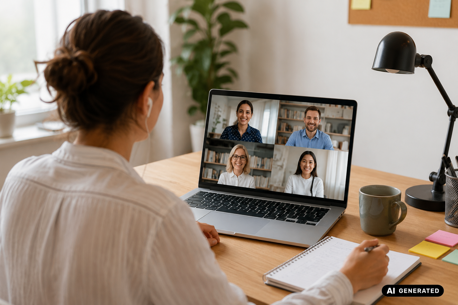 Person im Homeoffice bei einer Videokonferenz mit vier weiteren Personen